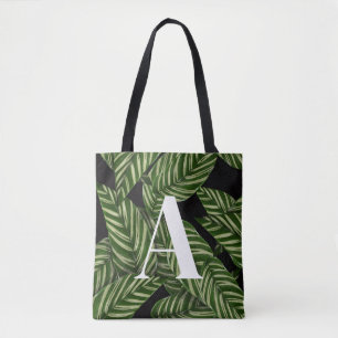 Modern Tropical Leaf Palm Plant Print Monogram  Tote Bag