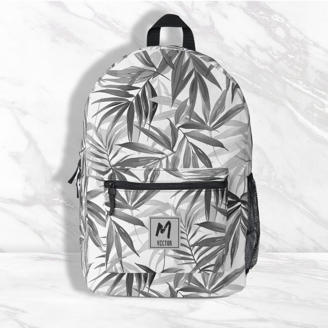 Modern Tropical Leaf Pattern Monogram Design Printed Backpack (modern tropical leaf pattern monogram design printed backpacks, travel bags, back to school)