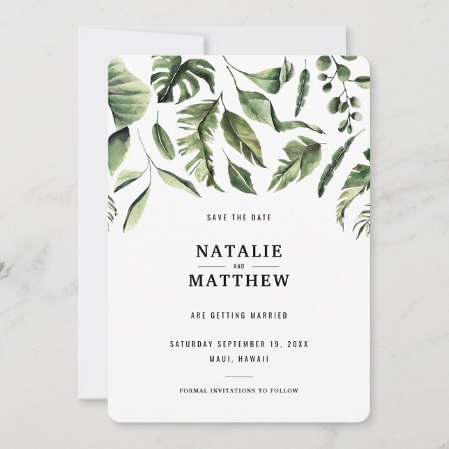 Modern tropical leaf save the date card (Front)