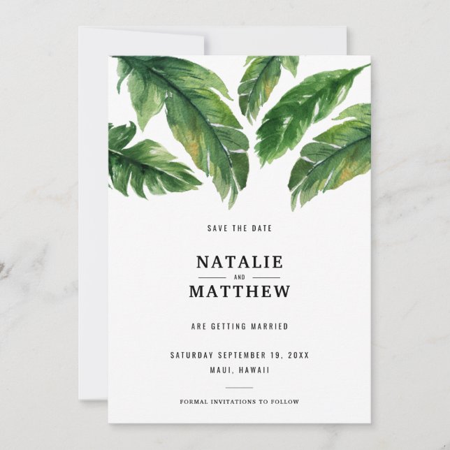Modern tropical leaf save the date card (Front)