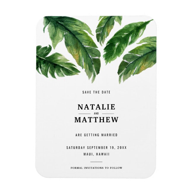 Modern tropical leaf save the date magnet