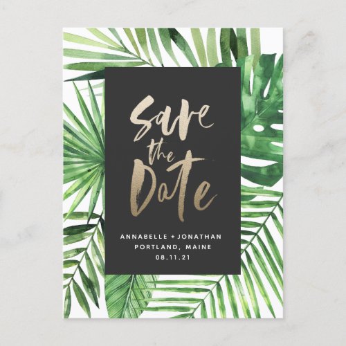 Modern tropical leaf script stylish wedding photo  invitation postcard