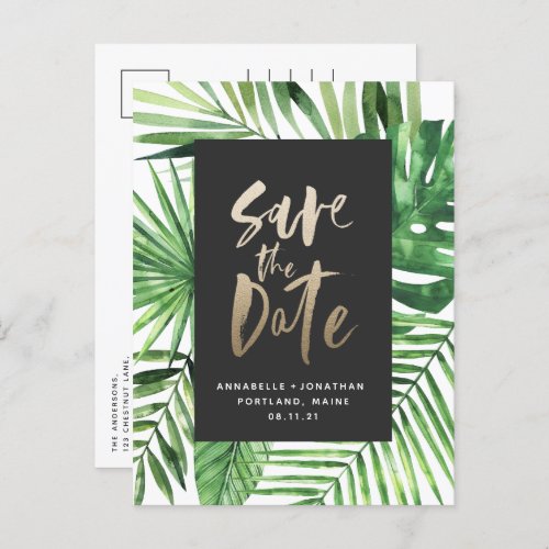 Modern tropical leaf script stylish wedding photo  invitation postcard