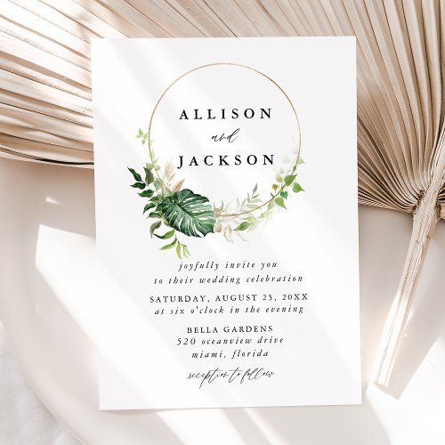 Modern Tropical Leaves Gold Circle Frame Wedding Invitation