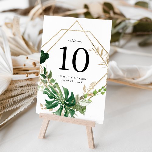 Modern Tropical Leaves Gold Frame Personalized Table Number