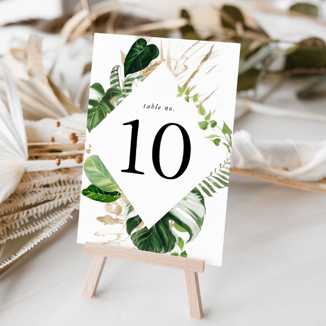 Modern Tropical Leaves Gold Personalized Table Number (Creator Uploaded)
