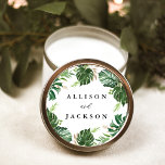 Modern Tropical Leaves Gold Personalized Wedding Classic Round Sticker<br><div class="desc">Seal your wedding envelopes or favor bags with our Tropical Gold personalized stickers. The tropical stickers feature your names surrounded by a wreath of watercolor monstera leaves with green and faux gold foil foliage accents. Designed to coordinate with our Tropical Gold wedding collection.</div>