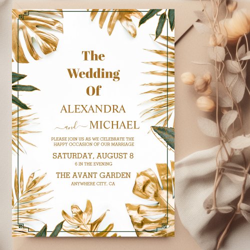 Modern Tropical Leaves Gold Wedding Invitation