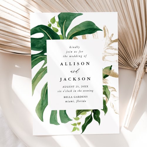 Modern Tropical Leaves Gold Wedding Invitation