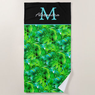 Modern Tropical Leaves Green Teal Blue Black Beach Towel