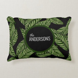Modern Tropical Leaves Monogram Name Accent Pillow