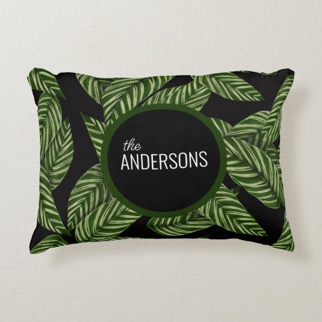 Modern Tropical Leaves Monogram Name Accent Pillow (Front)