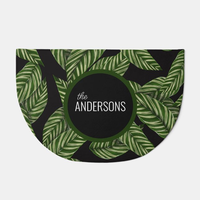 Modern Tropical Leaves Monogram Name Doormat (Front)