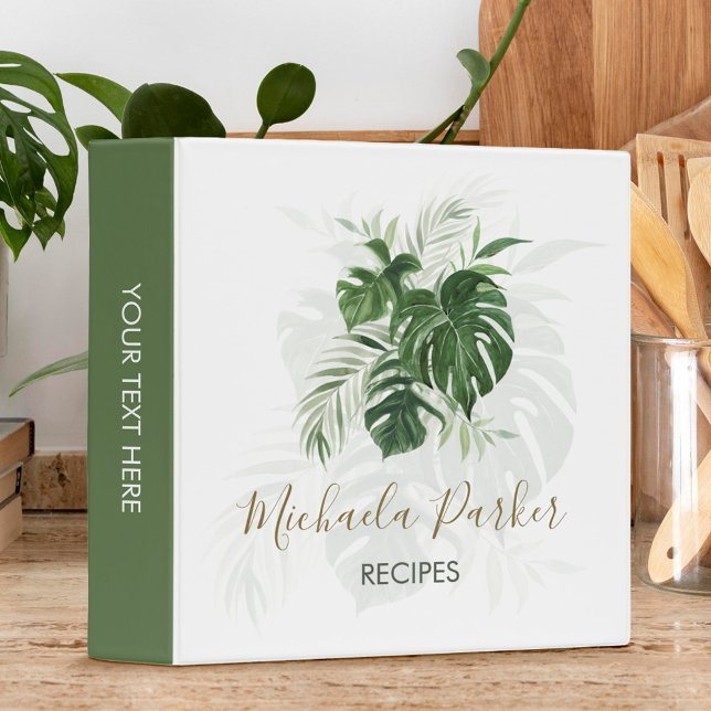 Modern Tropical Leaves Personalized Recipes 3 Ring Binder (Creator Uploaded)