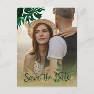 Modern Tropical Leaves Photo Wedding Save the Date Announcement Postcard