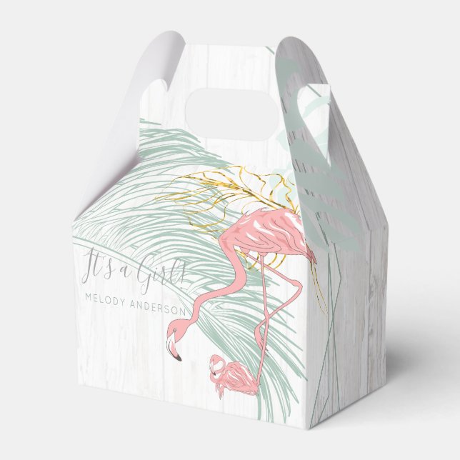 Modern Tropical Leaves Pink Flamingo Baby Shower Favor Boxes (Front Side)