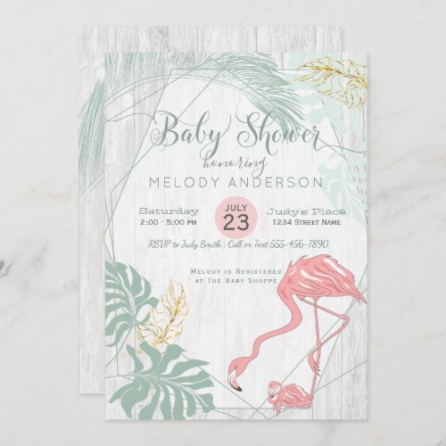 Modern Tropical Leaves Pink Flamingo Baby Shower Invitation