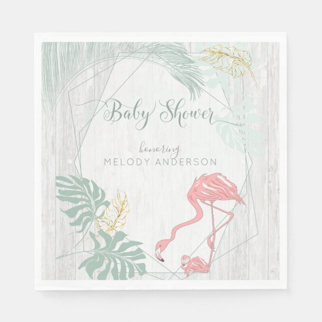 Modern Tropical Leaves Pink Flamingo Baby Shower Napkins (Front)