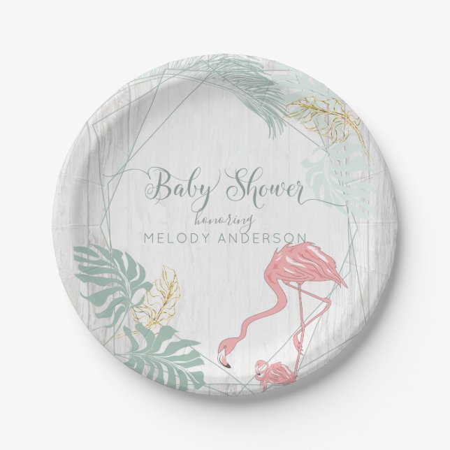 Modern Tropical Leaves Pink Flamingo Baby Shower Paper Plates (Front)