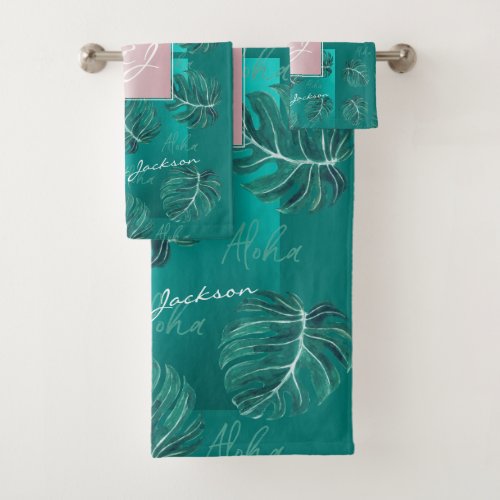 Modern tropical leaves rose gold monogram name bath towel set