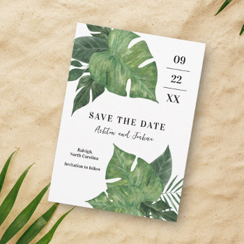 Modern Tropical Leaves Save The Date Holiday Card by marlenedesigner at Zazzle