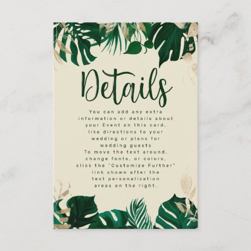 Modern Tropical Leaves  Script Wedding Details Enclosure Card