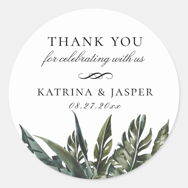 Modern Tropical Leaves Wedding Favor Classic Round Sticker (Front)