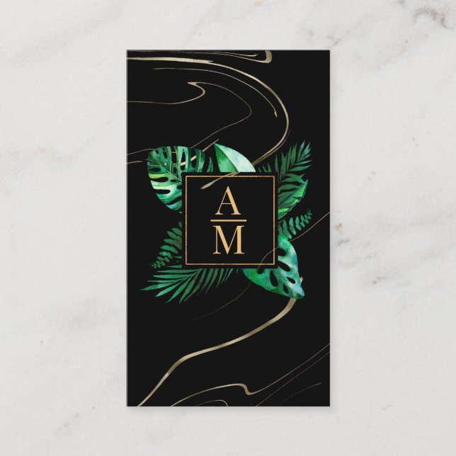 Modern Tropical Marble Monogram Business Card (Front)