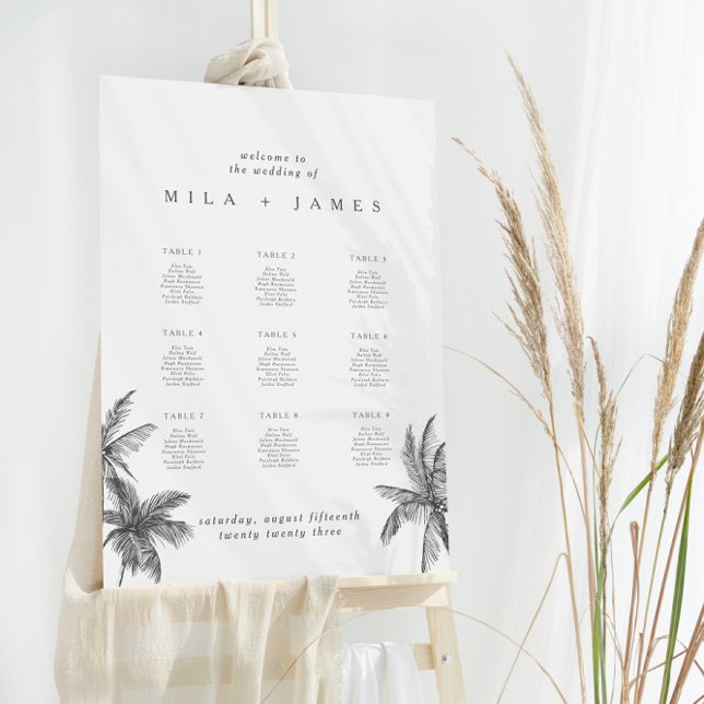  Modern Tropical Minimalist Wedding Seating Chart Foam Board (Fully customizable vertical wedding seating chart for your modern minimalist destination wedding!)