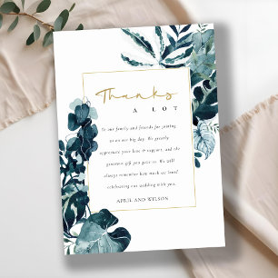 MODERN TROPICAL MONSTERA BLUE FOLIAGE WEDDING THANK YOU CARD