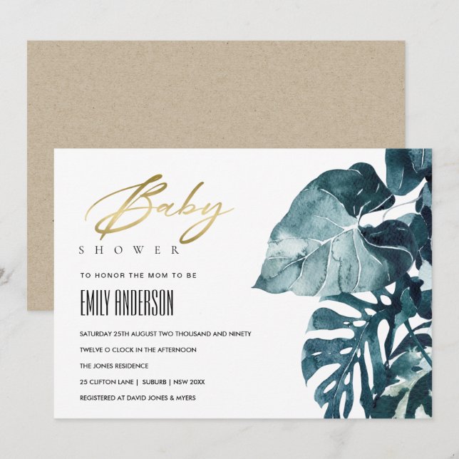 Modern Tropical Monstera Fauna Baby Shower Invite (Front/Back)