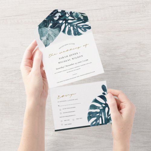 MODERN TROPICAL MONSTERA FOLIAGE BLUE WATERCOLOR   ALL IN ONE INVITATION