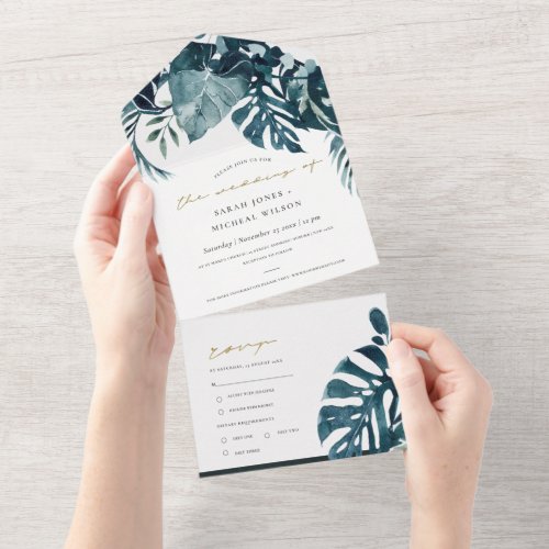 MODERN TROPICAL MONSTERA FOLIAGE BLUE WATERCOLOR   ALL IN ONE INVITATION