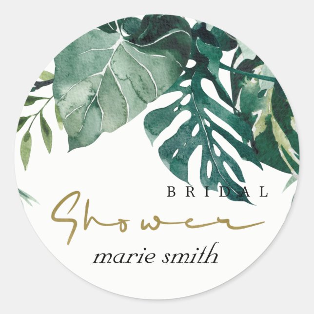 MODERN TROPICAL MONSTERA FOLIAGE BRIDAL SHOWER CLASSIC ROUND STICKER (Front)