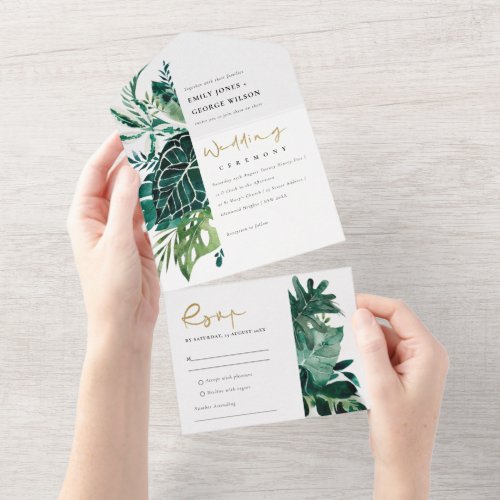 MODERN TROPICAL MONSTERA FOLIAGE GREEN WATERCOLOR  ALL IN ONE INVITATION
