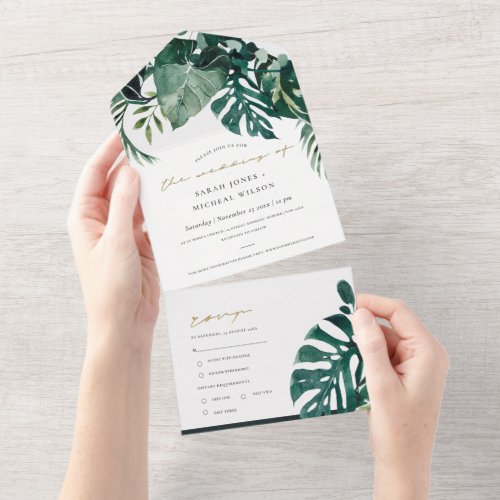 MODERN TROPICAL MONSTERA FOLIAGE GREEN WATERCOLOR ALL IN ONE INVITATION