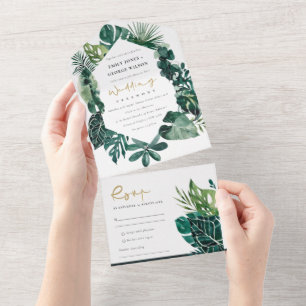 MODERN TROPICAL MONSTERA FOLIAGE GREEN WATERCOLOR ALL IN ONE INVITATION