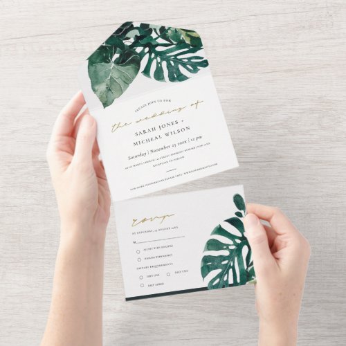 MODERN TROPICAL MONSTERA FOLIAGE GREEN WATERCOLOR  ALL IN ONE INVITATION