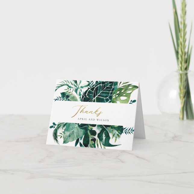 MODERN TROPICAL MONSTERA GREEN FOLIAGE WEDDING THA THANK YOU CARD (Front)