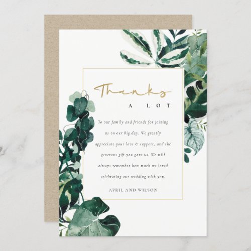 MODERN TROPICAL MONSTERA GREEN FOLIAGE WEDDING  THANK YOU CARD