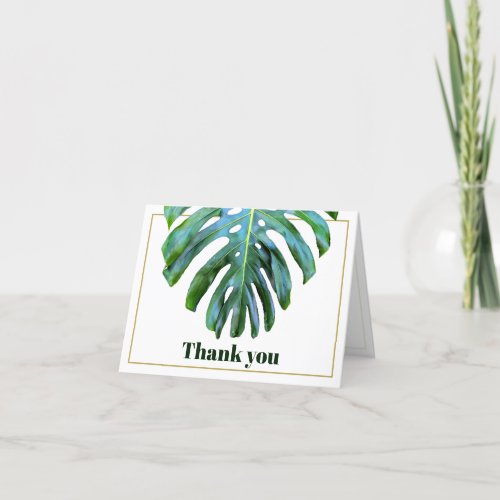 Modern Tropical Monstera Leaf Gold Beach Wedding Thank You Card