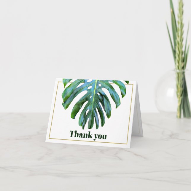 Modern Tropical Monstera Leaf Gold Beach Wedding Thank You Card (Front)