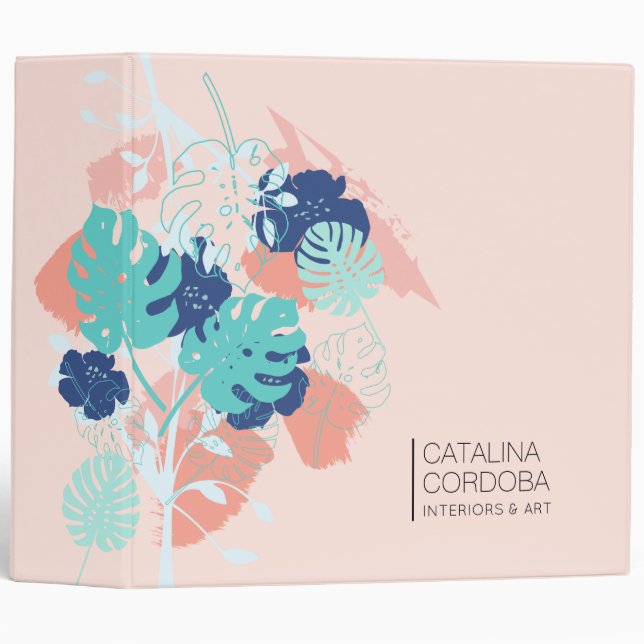 Modern Tropical Monstera Leaf Pattern Peach/Mint Binder (Front/Spine)