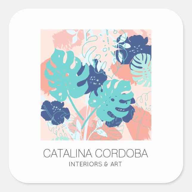 Modern Tropical Monstera Leaf Pattern Peach/Mint Square Sticker (Front)