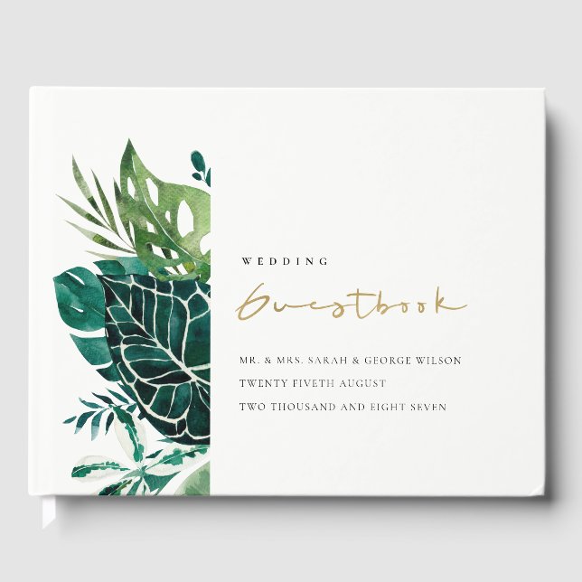 Modern Tropical Monstera Leafy Foliage Wedding Guest Book (Front)