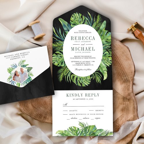 Modern Tropical Monstera Palm Leaves Black Wedding All In One Invitation
