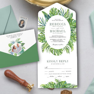 Modern Tropical Monstera Palm Leaves Wedding All In One Invitation