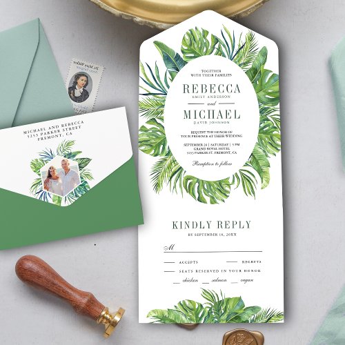 Modern Tropical Monstera Palm Leaves Wedding All In One Invitation