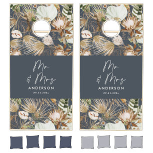 Modern tropical Mr and Mrs navy blue wedding Cornhole Set