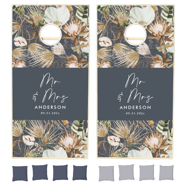 Modern tropical Mr and Mrs navy blue wedding Cornhole Set (Set)